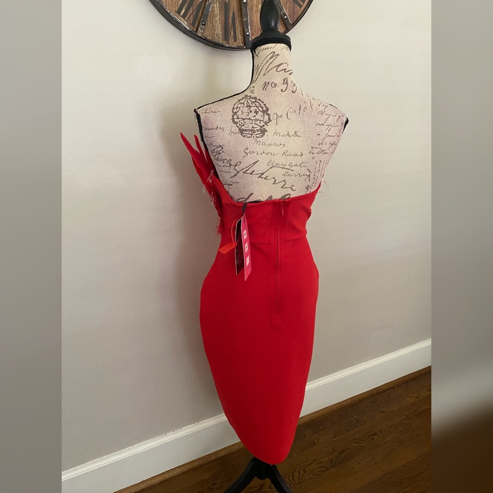 Sexy bodycon red feather midi dress, party dress, club dress, photoshoot, date - Picture 2 of 3